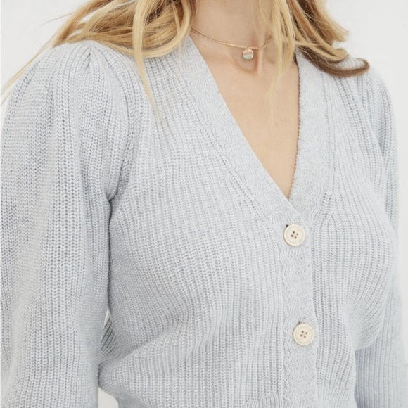 Aerie Puff Sleeve Cropped Cardigan Sweater in Gray 100% Cotton - Picture 3 of 9